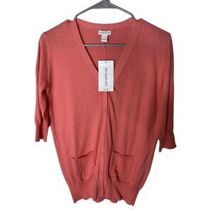 Melrose Chic Coral Pink Cardigan M Lightweight V-Neck 3/4 Sleeve